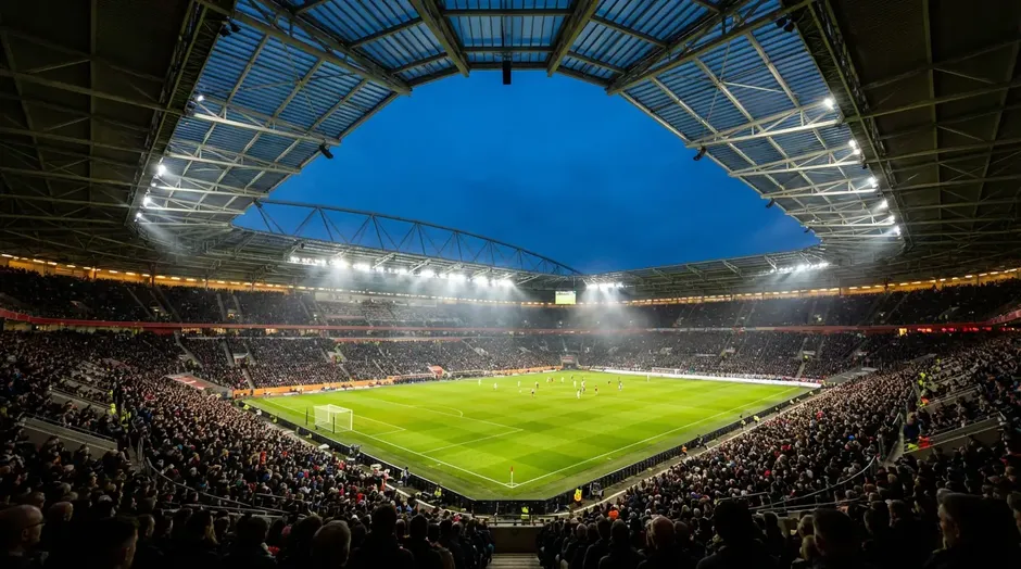 Fullsatt fotbollsstadion under kvallsmatch med stralkastare och grona planen synlig fran laktaren