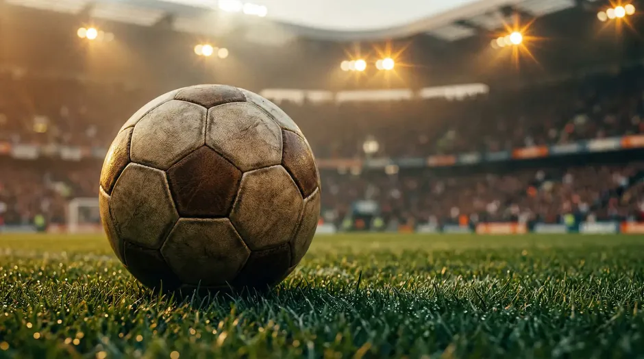 Narbild pa fotboll pa gront gras med stadionlaktare och publikljus i bakgrunden