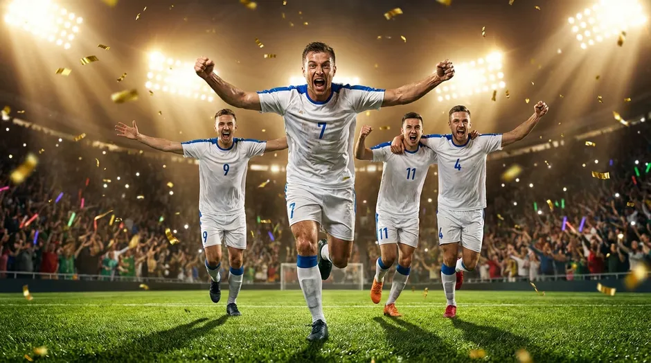 Fotbollsspelare i vit troja firar mal med lagkamrater pa gront gras under stralkastare