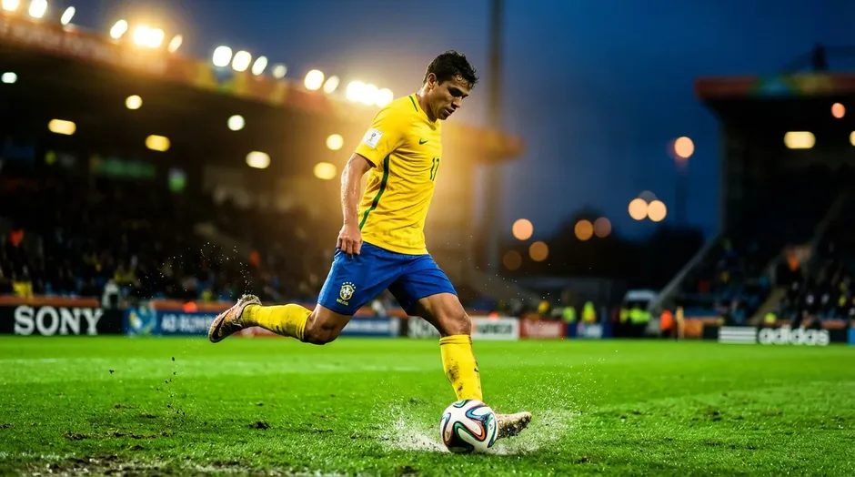 Fotbollsspelare i gul troja med bollen vid foten pa gront gras under kvallsbelysning